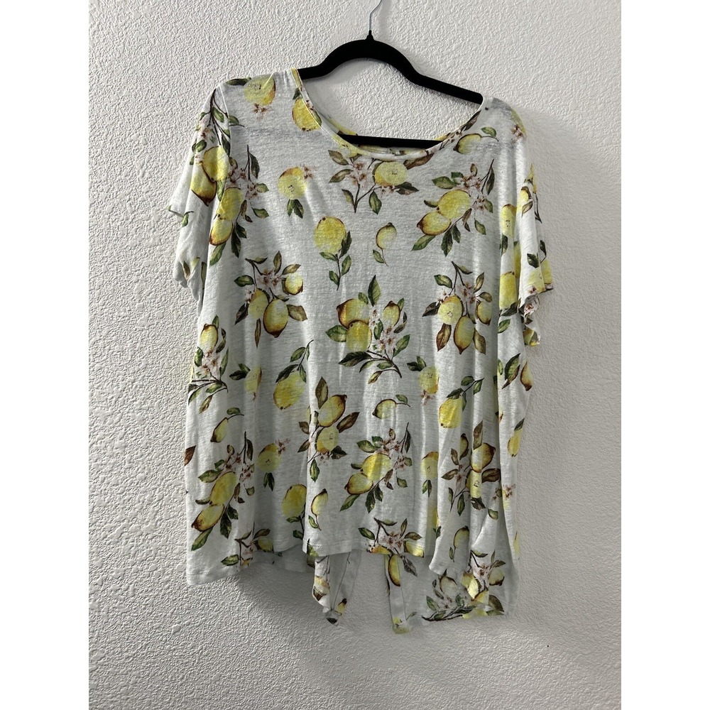 Cynthia Rowley Womens Lemon Linen Top Short‎ Sleeve Button Back Sz 2X Lemoncello
